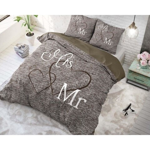 Lenjerie de pat dubla Mr and Mrs 3 Taupe, Dreamhouse, 3 piese, 200x220 cm, bumbac, multicolora