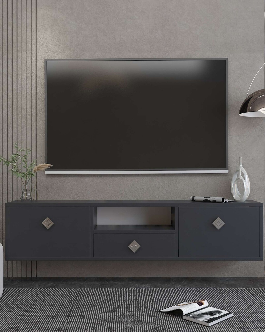 Comoda TV, Hanah Home, 1305-DROP-1, 140x30x30 cm, PAL , Antracit / Argintiu - view 2