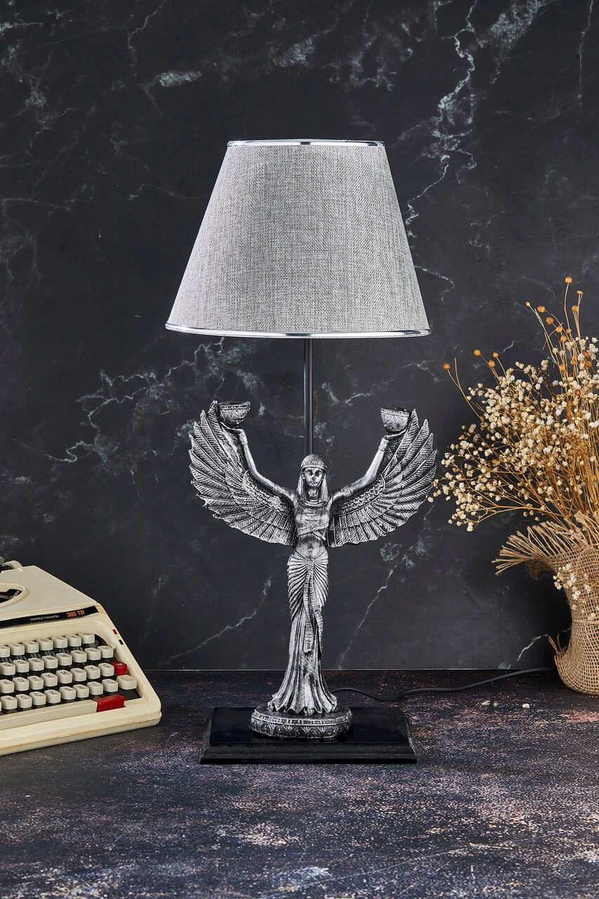 Lampa de masa, FullHouse, 390FLH1933, Baza din lemn, Gri argintiu