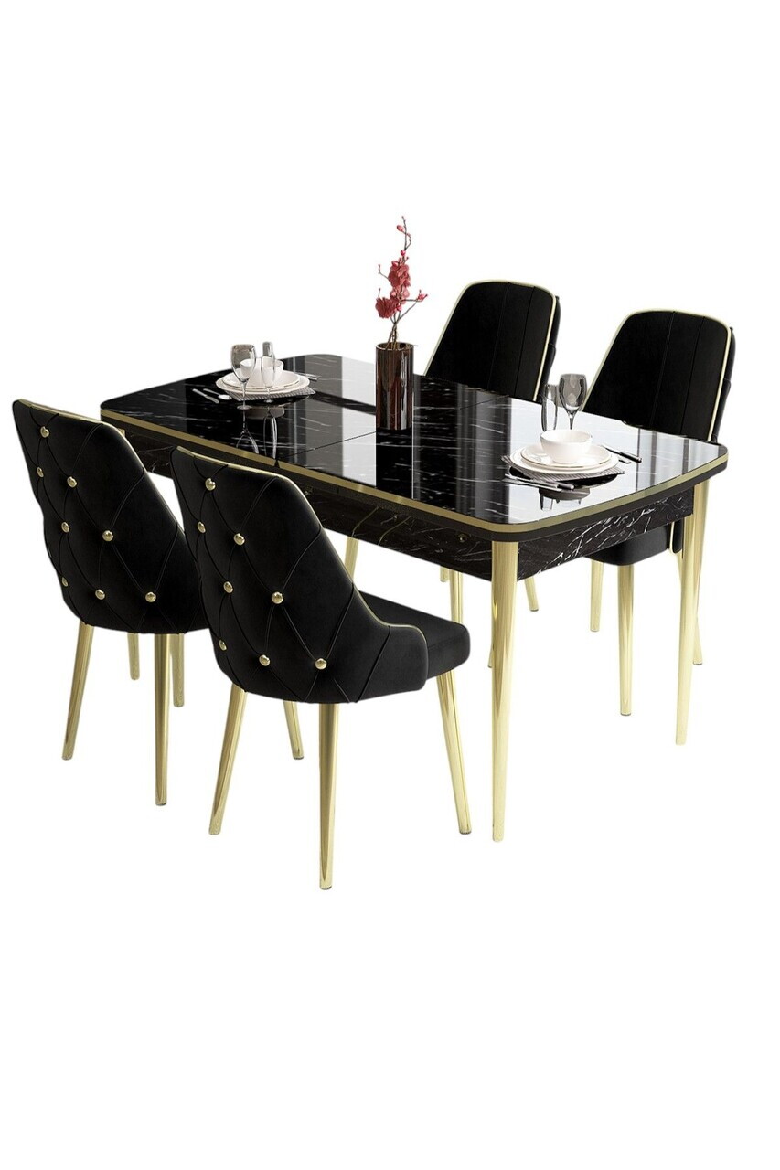Set masa si scaune (5 piese), Hanah Home, Tia, Model de marmură neagră / Auriu / Negru — imaginea 2