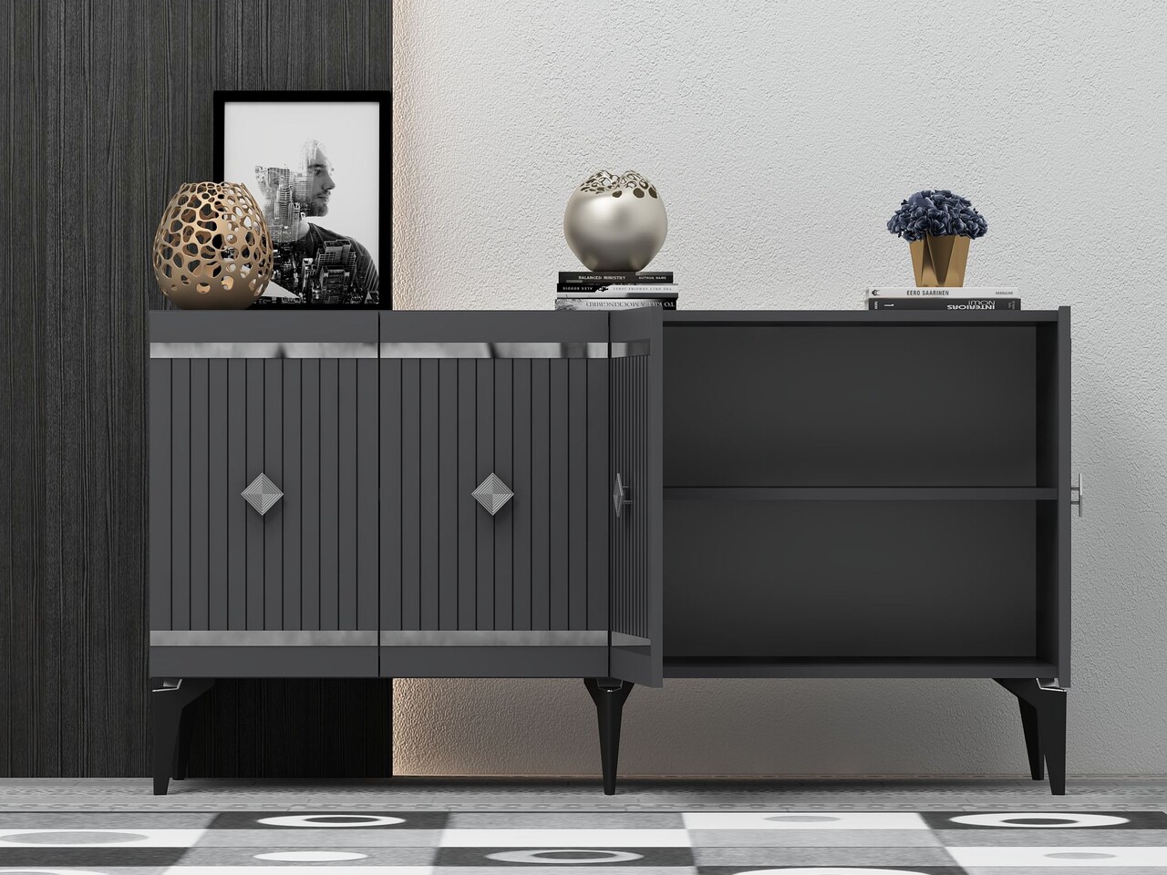 Consola, Hanah Home, Lenora, 150x79x40 cm, PAL , Antracit / Argintiu - view 3