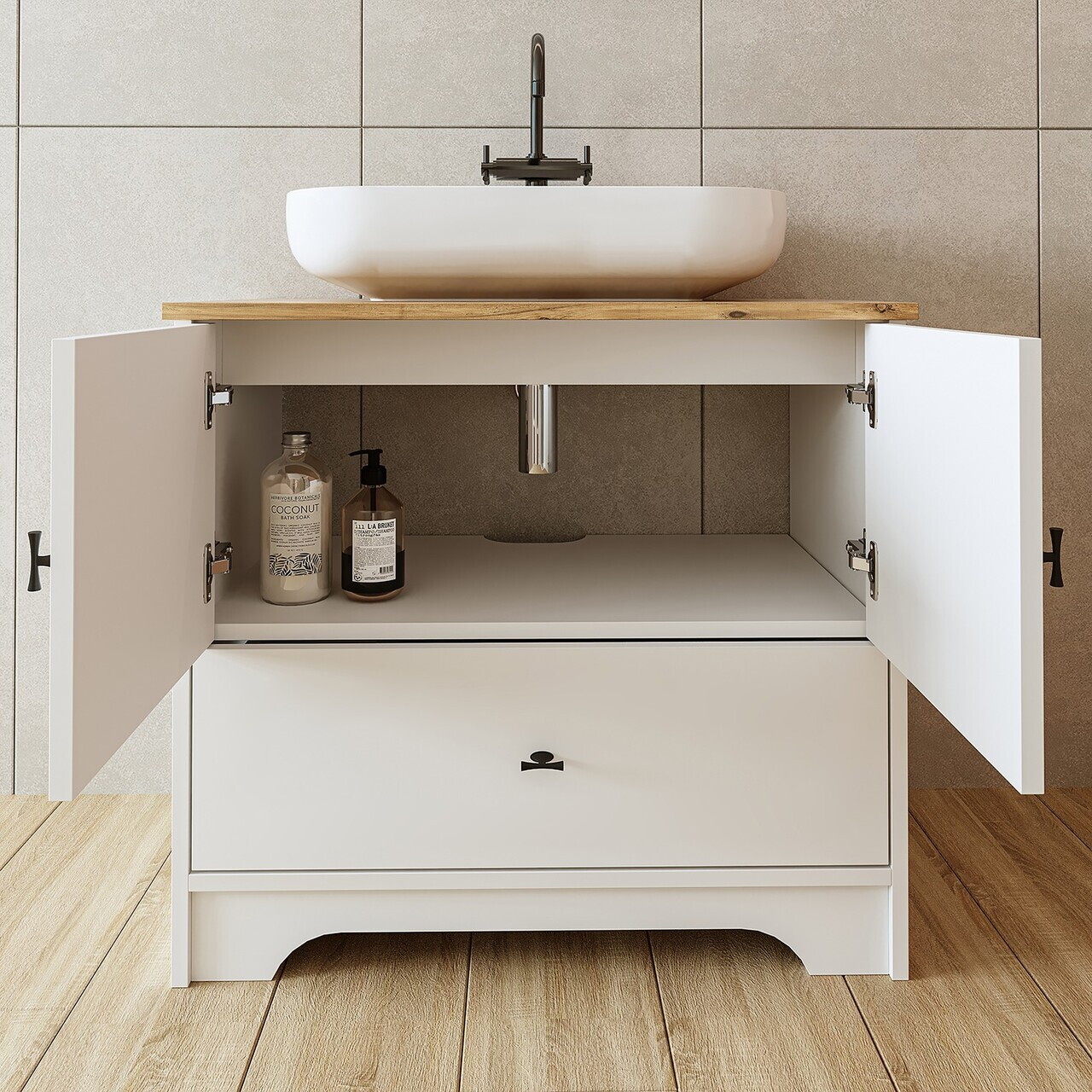 Dulap de baie cu chiuvetă, Hanah Home, 2380, 80x72x45 cm, MDF-LAM, Alb mat — imaginea 4