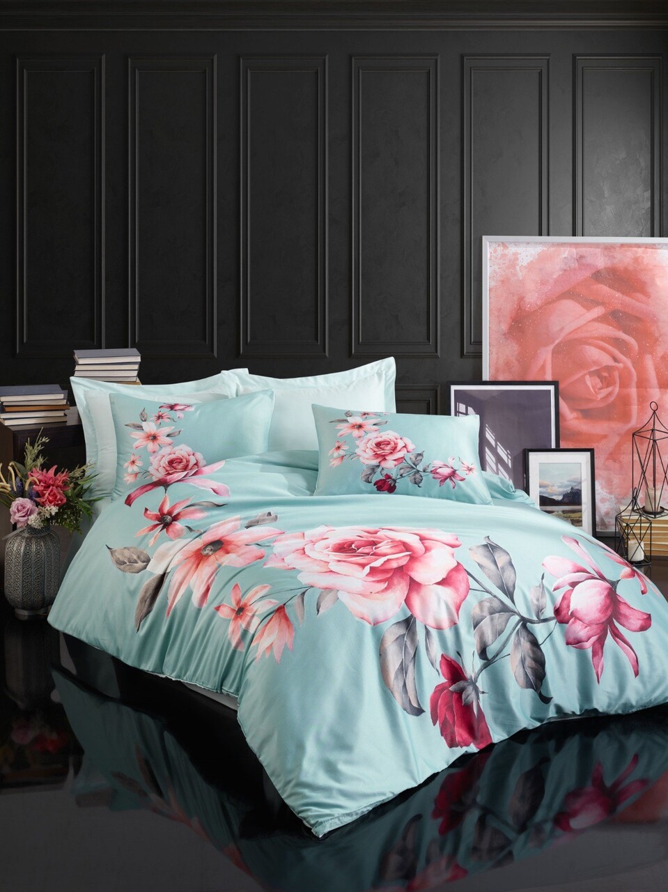 Lenjerie de pat dubla King (IT) 3 piese L'essentiel Maison 482 Turcoaz / Roșu / Roz / Gri