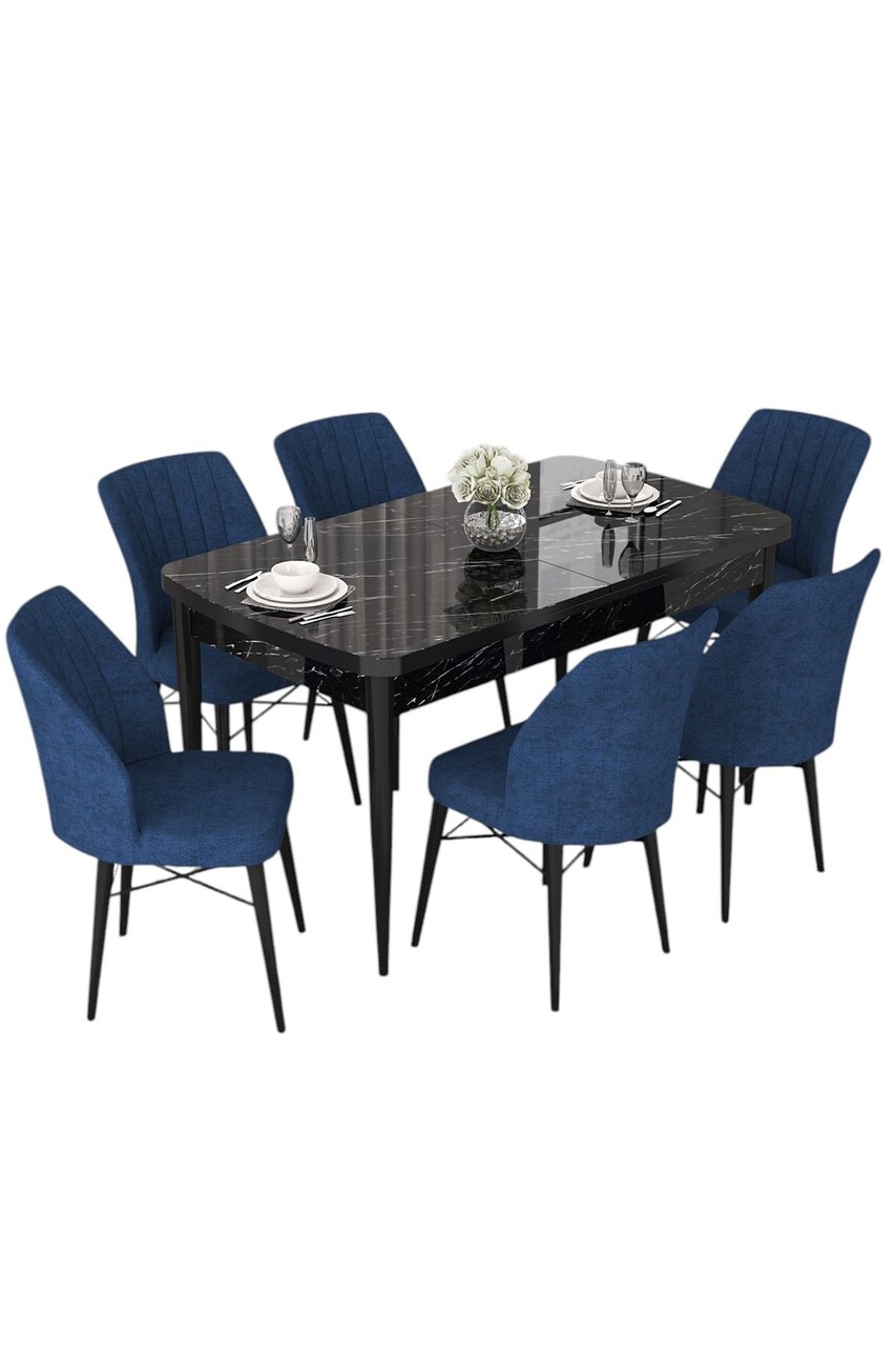 Set masa extensibila si scaune, Hanah Home, Nef, Marmură neagră / Albastru marin - view 2
