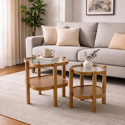 Set masute 2 piese, Hanah Home, Alaska 2, LEMN MASIV DE STEJAR, Stejar