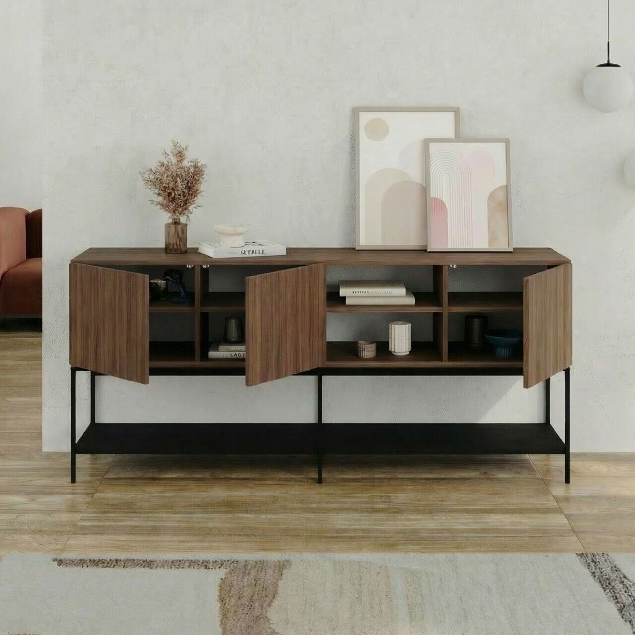 Consola, Hanah Home, Amira, 180x80x40 cm, PAL, Nuc Milano / Negru lemn / Negru — imaginea 3