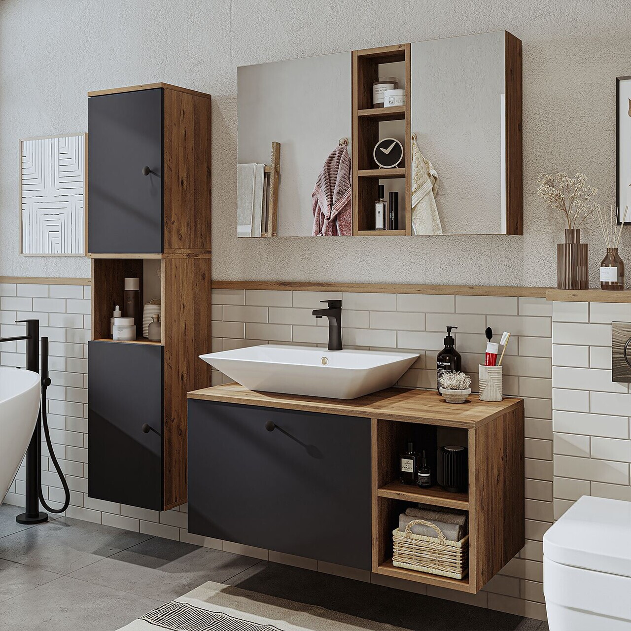 Set Dulap de Baie cu Chiuvetă și Oglindă (3 Piese), Hanah Home, 2475, MDF, Pin Atlantic / Antracit