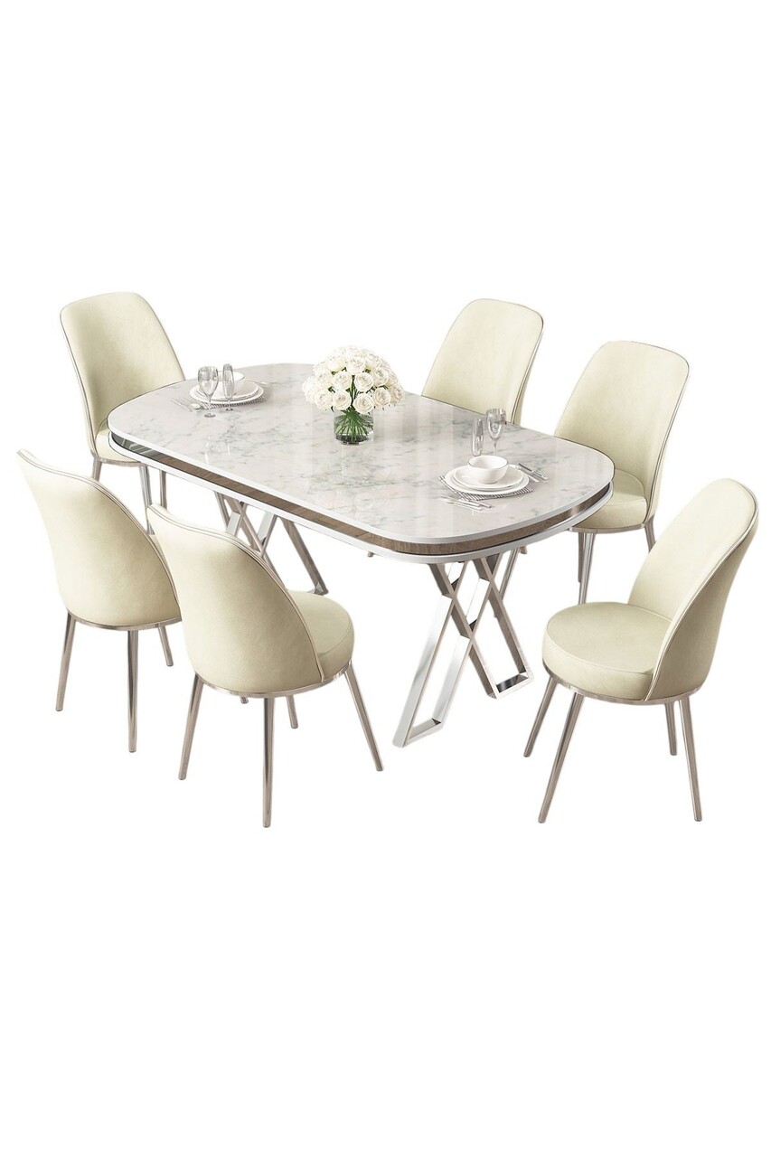 Set masă și scaune (7 piese), Hanah Home, Lai, Alb / Crom / Crem - imagine 2