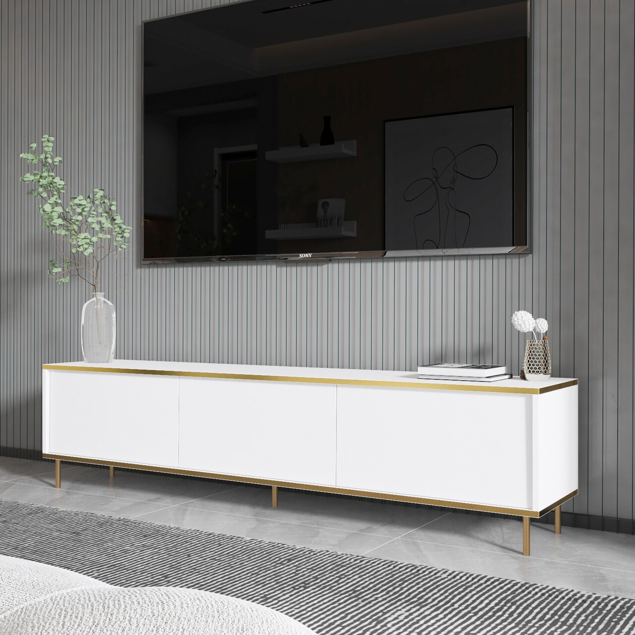 Comoda TV, Inarch, Imaj, 180x45.2x35 cm, PAL, Alb/Auriu