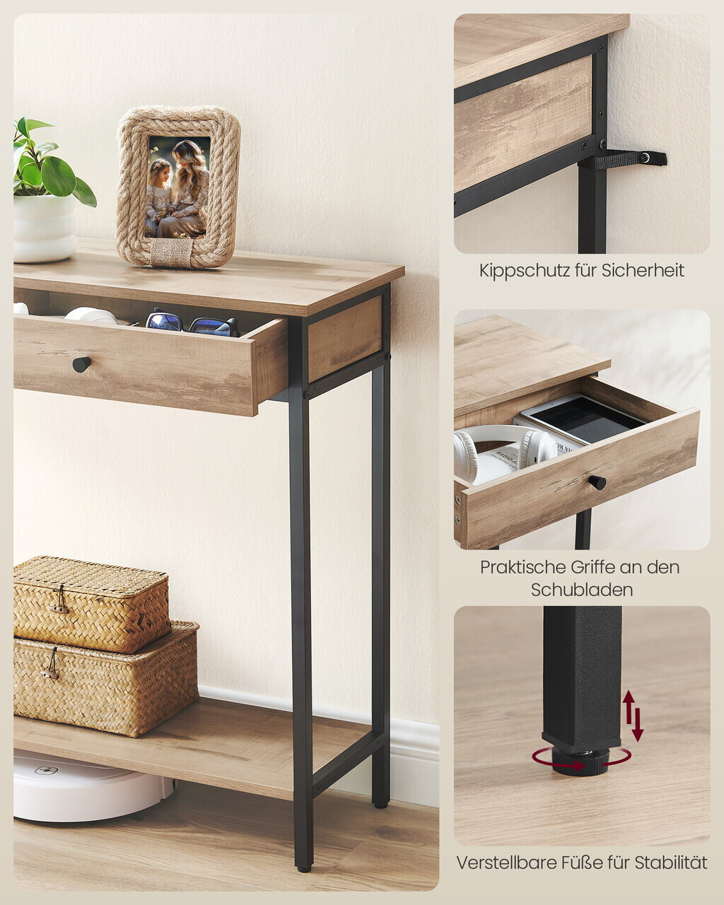 Consola cu 2 sertare, Vasagle, 100x30x80 cm, PAL/otel, camel/negru - imagine 4