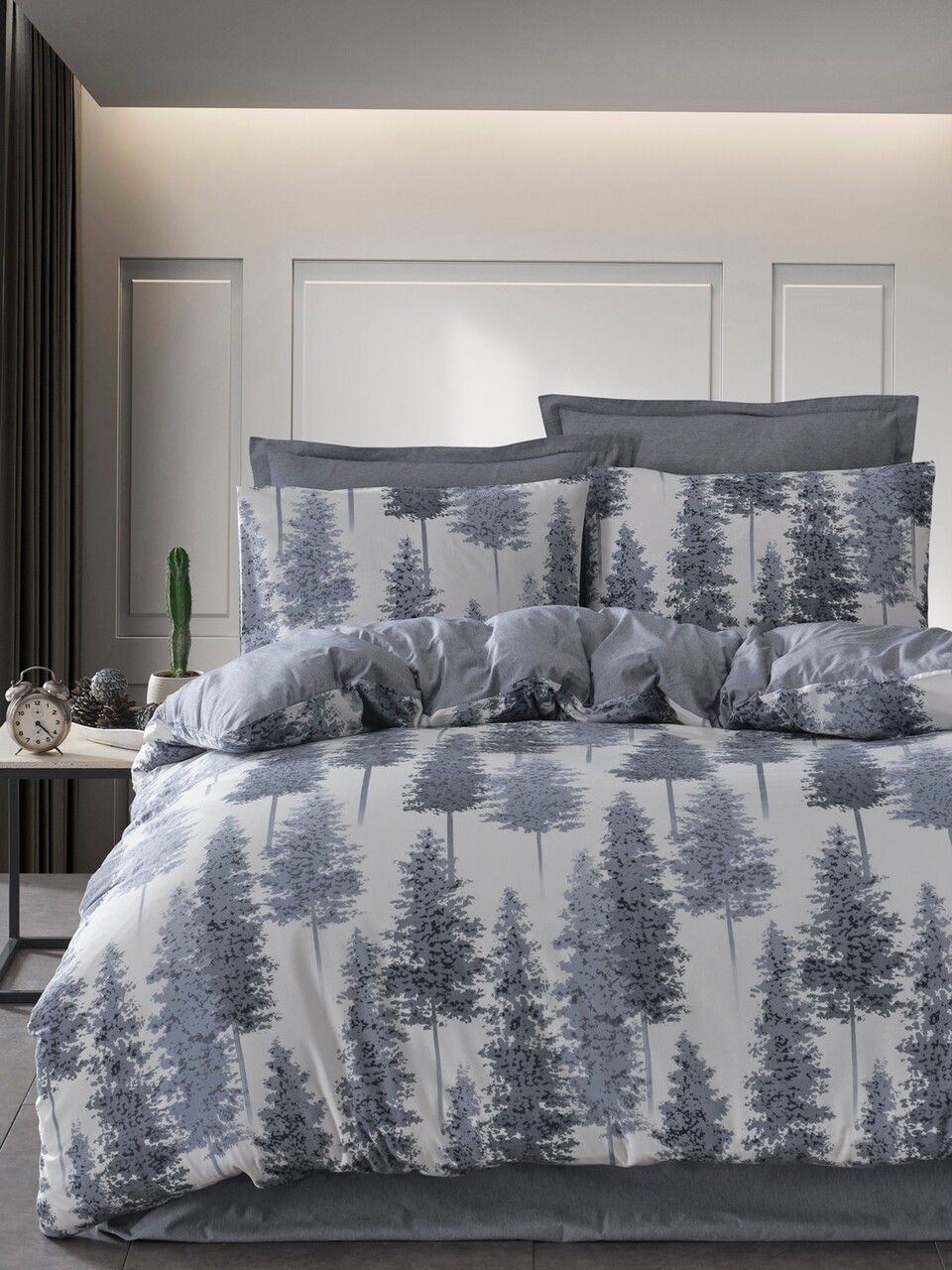 Lenjerie de pat dubla, Forrest - Blue, EnLora Home, 65% bumbac/35% poliester