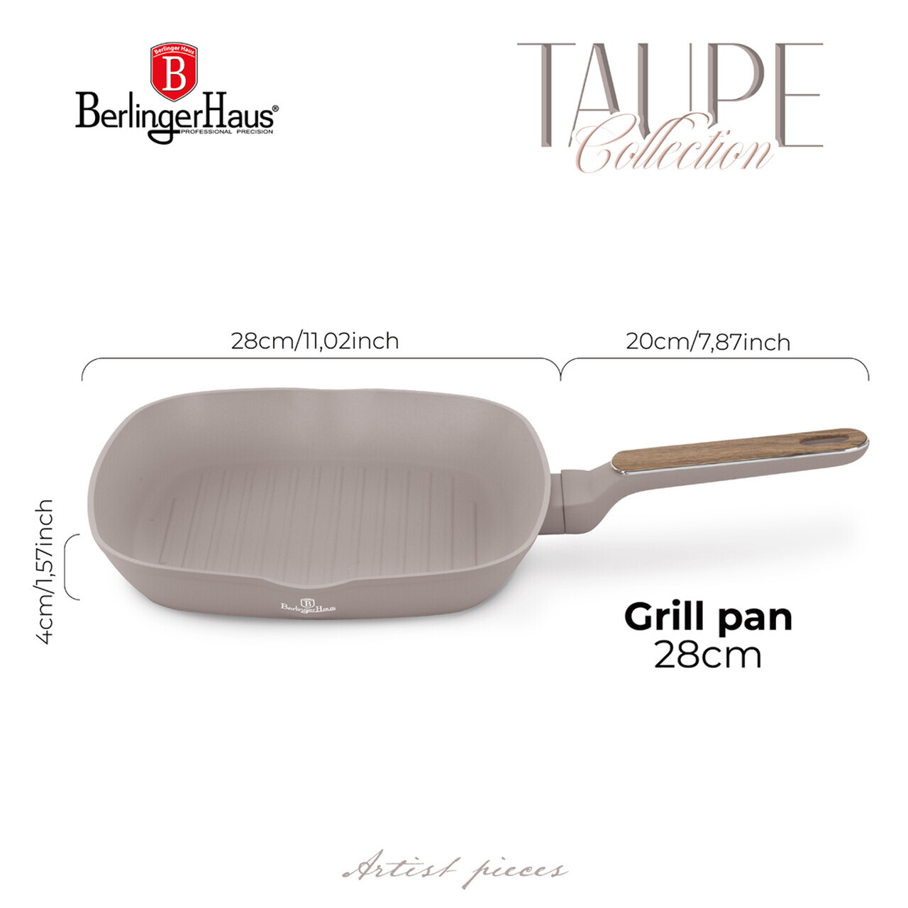 Tigaie grill Berlinger Haus, Taupe Nordic, 28 cm, 2.1 L, aluminiu forjat, taupe mat/natur - imagine 12