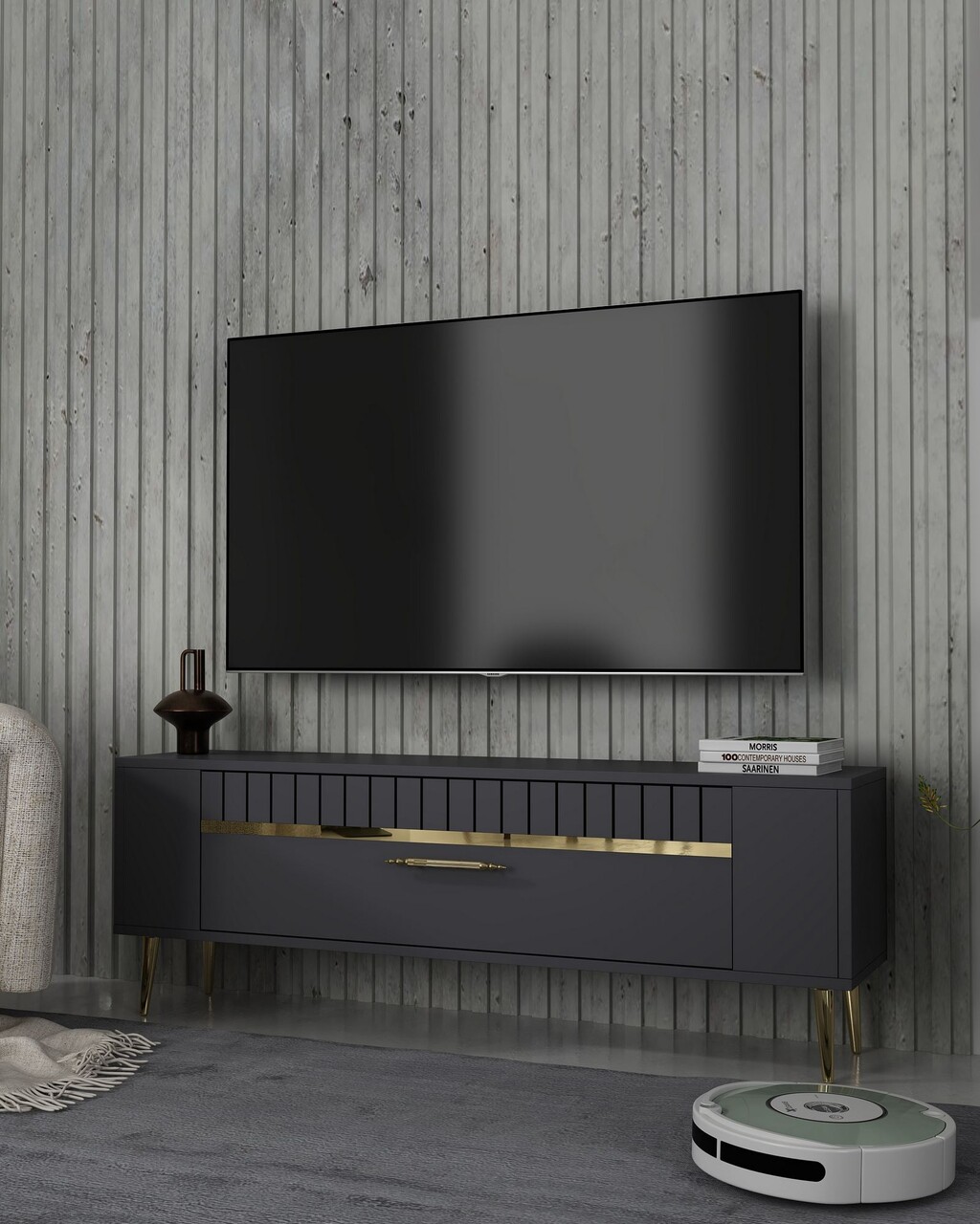 Comoda TV, Olivia, Retrolp1, Antracit / Aur - 1 | YEO