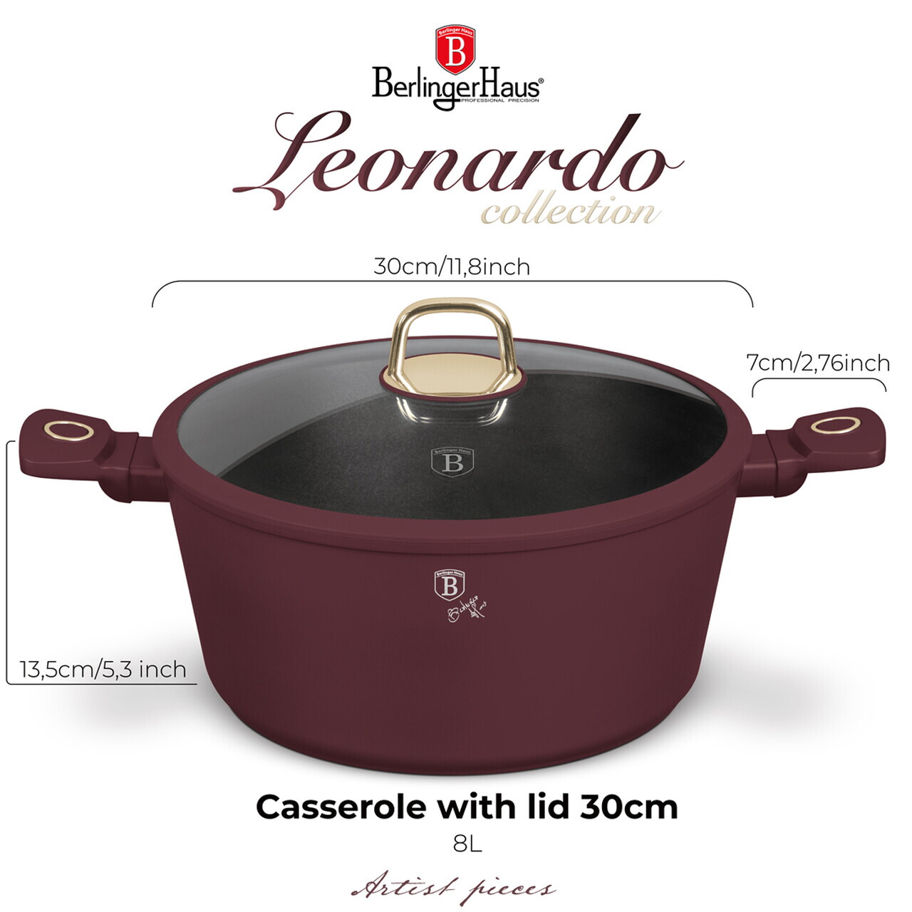 Oala cu capac Berlinger Haus, Leonardo, 30 cm, 8 L, aluminiu forjat, visiniu mat - imagine 8