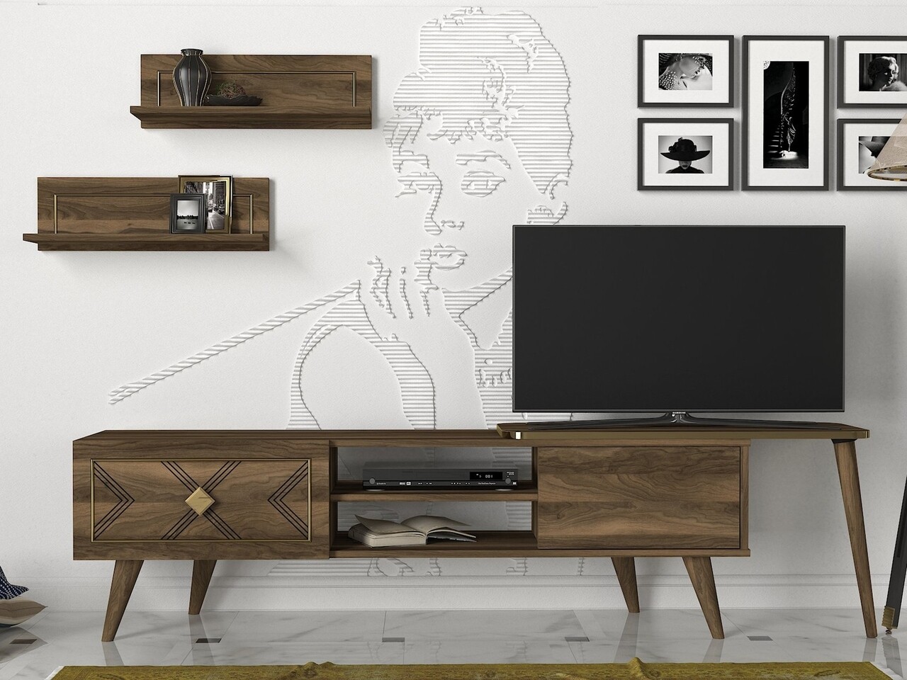 Comoda TV Cu Rafturi De Perete Paros, Talon, 190 X 50.5 Cm/60 X 14.5 Cm, Walnut