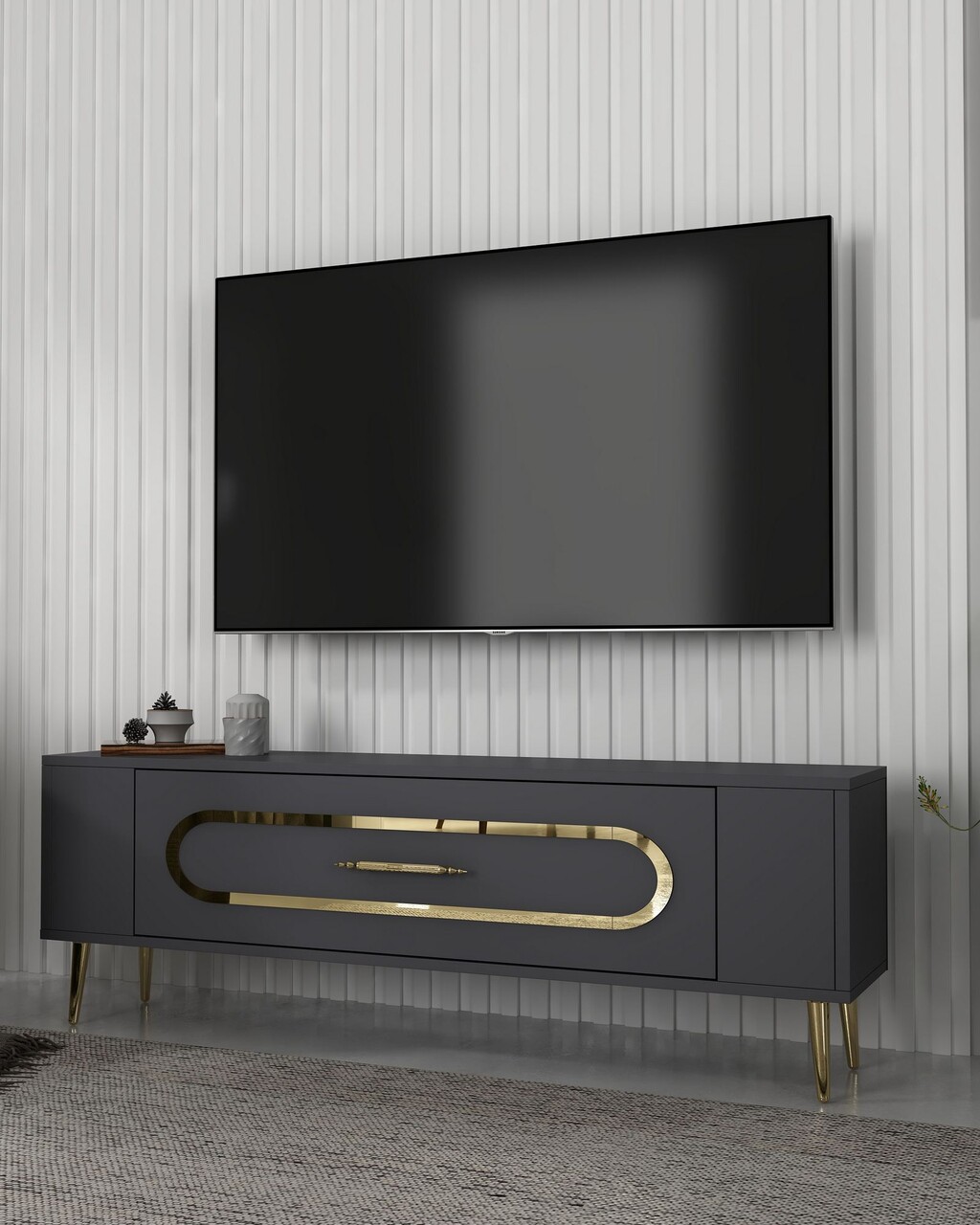 Comoda TV, Olivia, Retrop3, Antracit / Aur - 1 | YEO