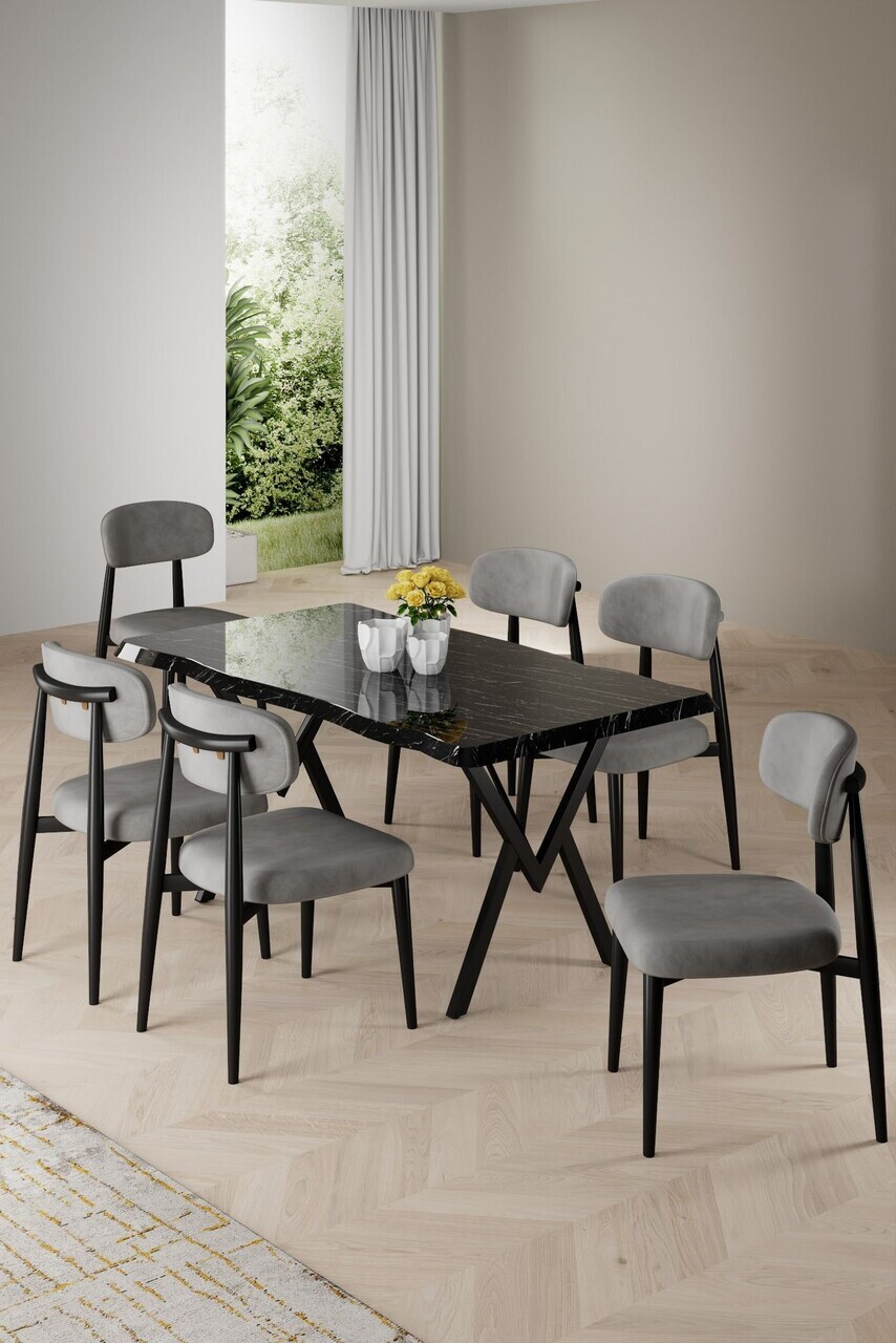 Set masa si scaune (7 piese), Hanah Home, Zerra, Model de marmură neagră / Gri