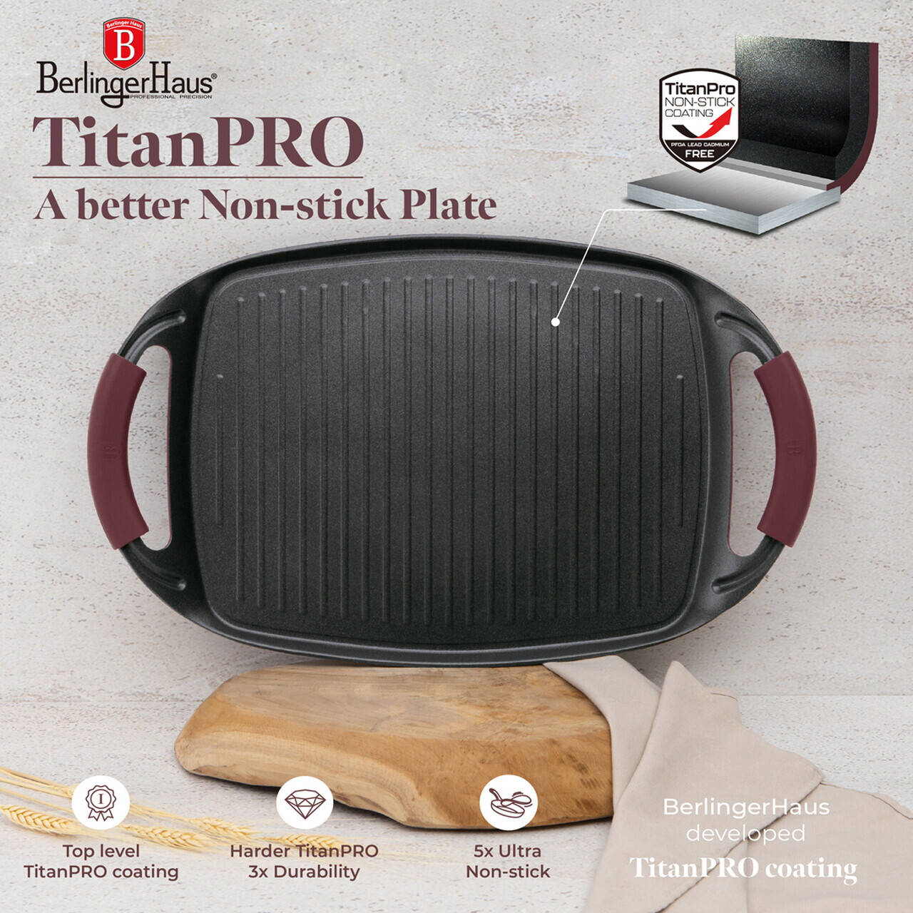 Tava grill Berlinger Haus, Leonardo, 47x29 cm, aluminiu forjat, visiniu mat - imagine 12