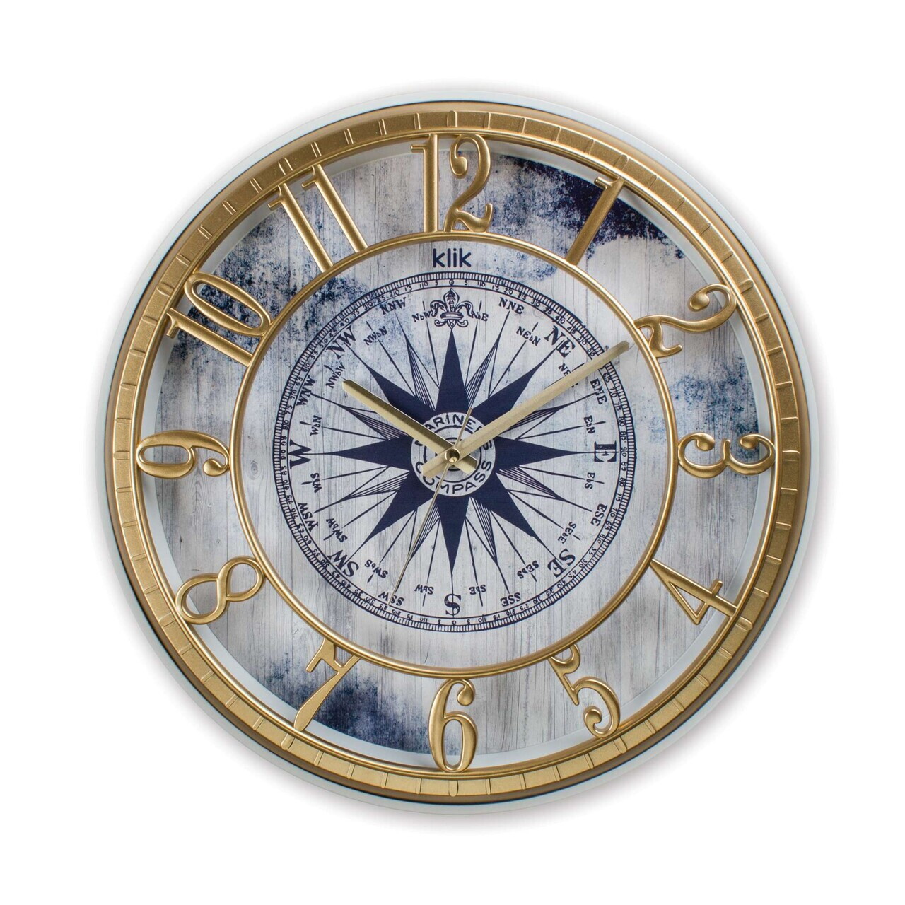 Ceas de perete decorativ, Hisar Compass, 90% PLASTIC/10% STICLĂ, Dimensiune: 40 x 40 cm, Aur / Albastru — imaginea 2