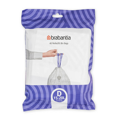Set 40 saci de gunoi, Brabantia, PerfectFit, marimea D, 15-20 L, nailon, alb