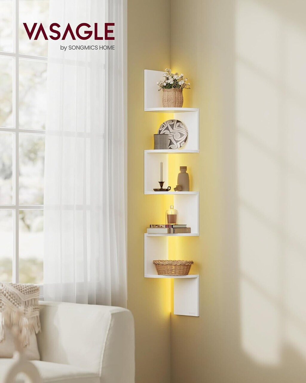 Etajera colt suspendata cu LED RGB, Vasagle, 5 niveluri, 20x20x126 cm, PAL, alb - imagine 3