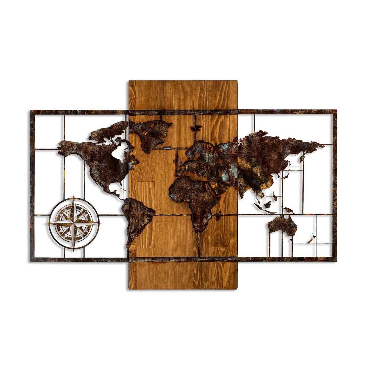 Decoratiune de perete, World Map With Compass 5, Dimensiuni: 58 x 85 cm, Nuc / Maro - view 7