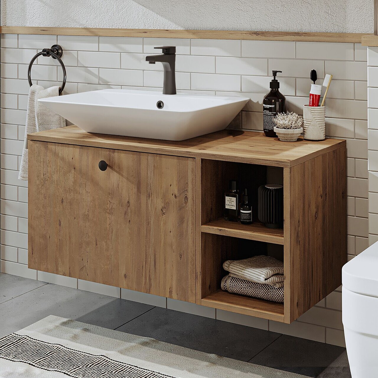 Dulap de baie cu chiuvetă, Hanah Home, 2460, 95x56.5x45 cm, MDF, Maro