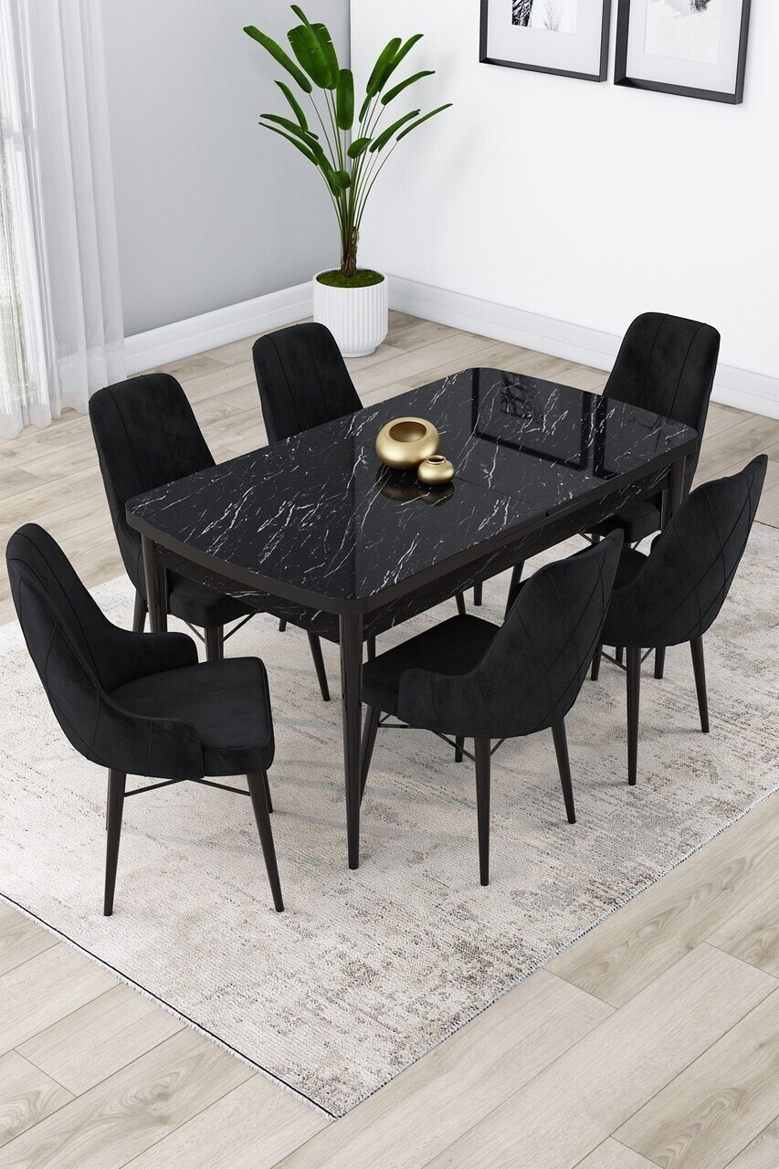 Set masa extensibila si scaune (7 piese), Hanah Home, Lia, Model de marmură neagră / Negru