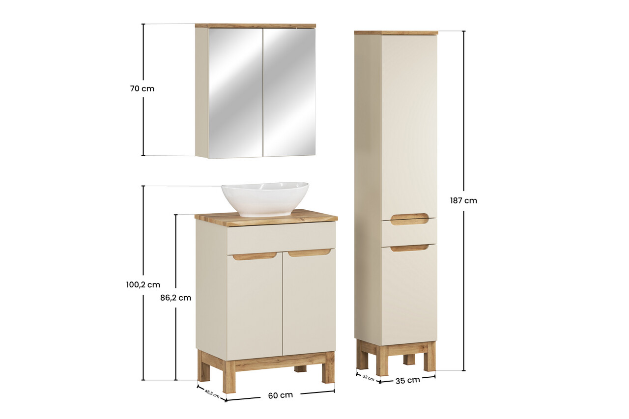 Set mobilier baie Bali Cashmere Wotan 60 cm, dulap inalt, masca cu lavoar si cabinet cu oglinda, Comad, MDF/PAL, casmir - view 2
