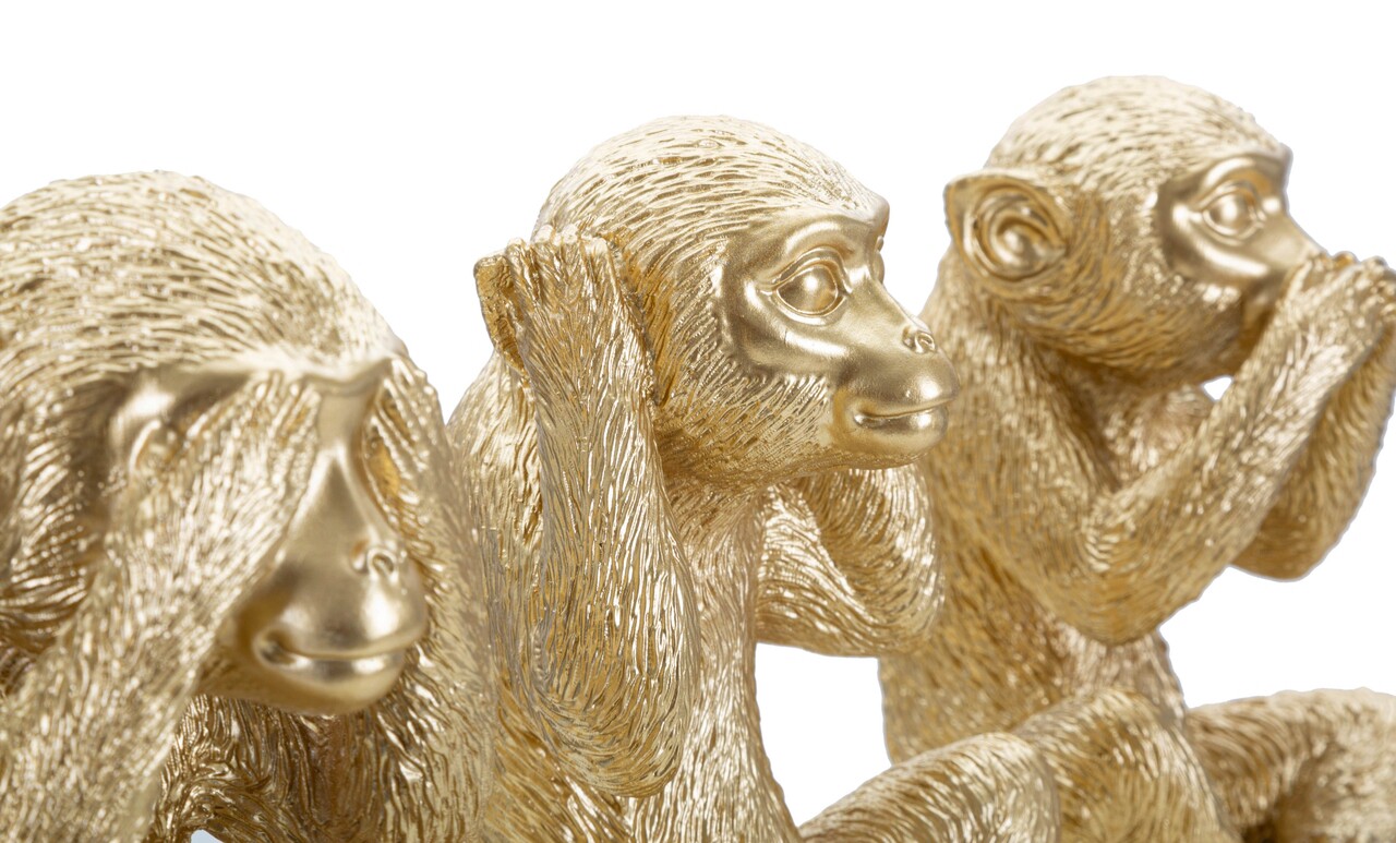 Set 3 decoratiuni Monkey, Mauro Ferretti, 13x14x19.5 cm, polirasina, auriu