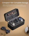 Cutie de voiaj pentru ceasuri Ronne Travel, Songmics, 20x11x9 cm, 3 compartimente, piele ecologica/metal, negru/gri
