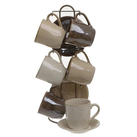 Set 6 cesti cu farfurie si suport pentru ceai, Tea, InArt, 160 ml, portelan, bej/maro