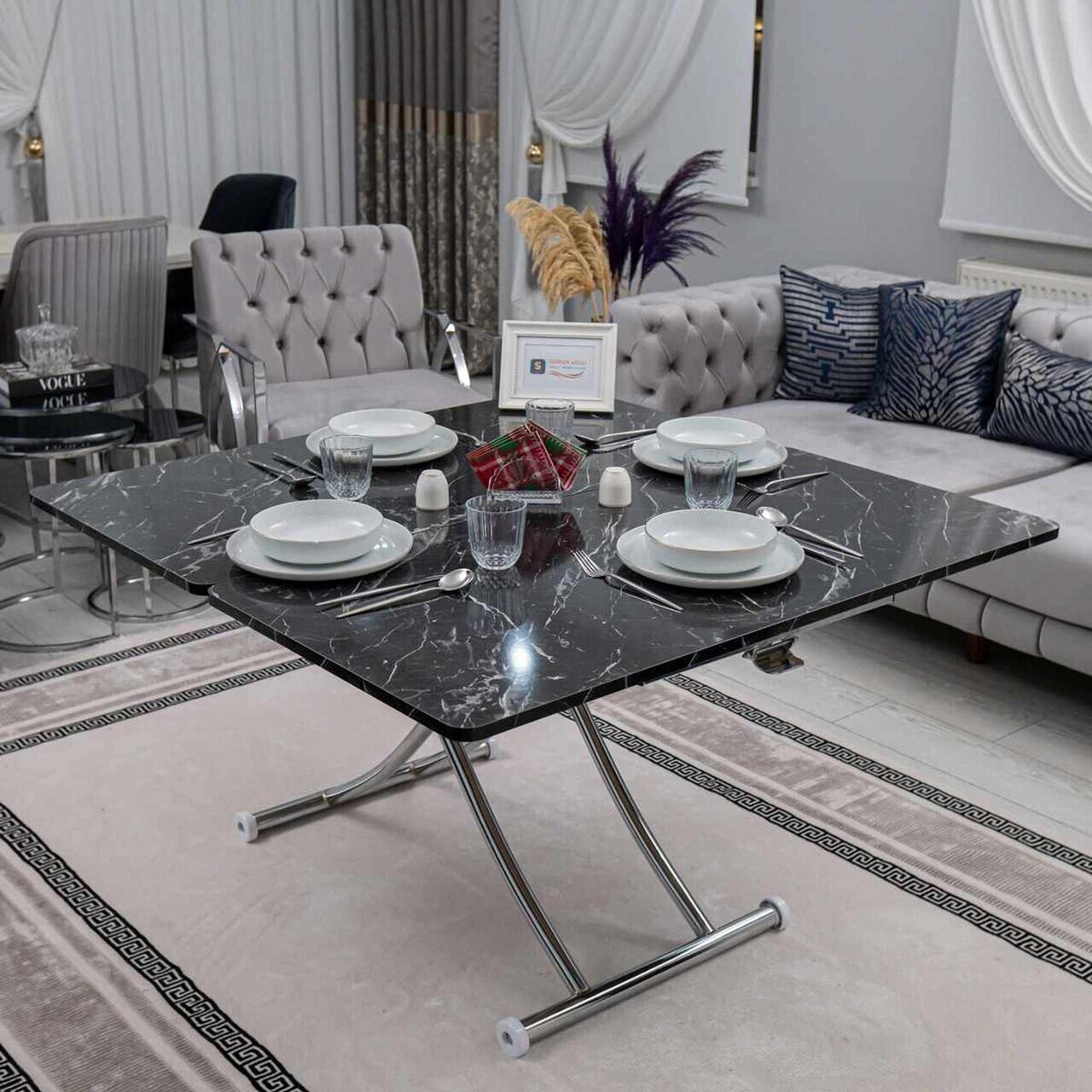 Masuta de cafea, Hanah Home, Juppo Int, MDF, Marmură neagră / Crom — imaginea 3