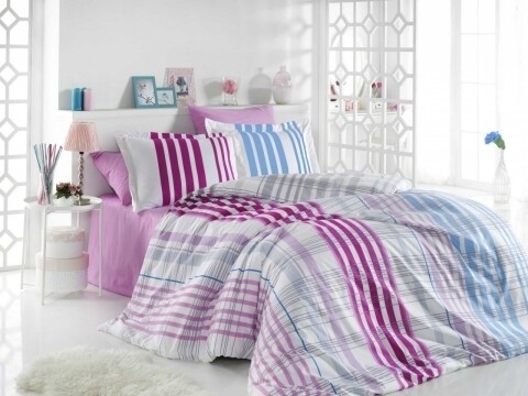 Lenjerie de pat pentru o persoana, 3 piese, 100% bumbac poplin, Hobby, Stripe Fuchsia, multicolora