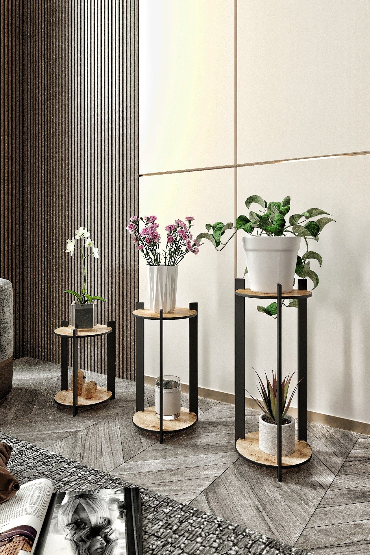 Stand din lemn pentru plante, Poter, Flower Desk Round, Stejar