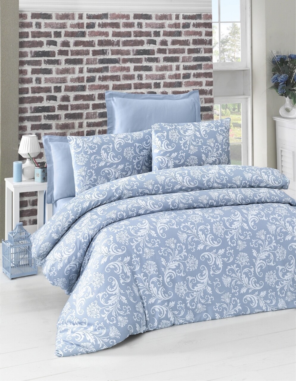 Lenjerie de pat dubla King Size, Victoria, Verano Blue, 6 piese, 100%