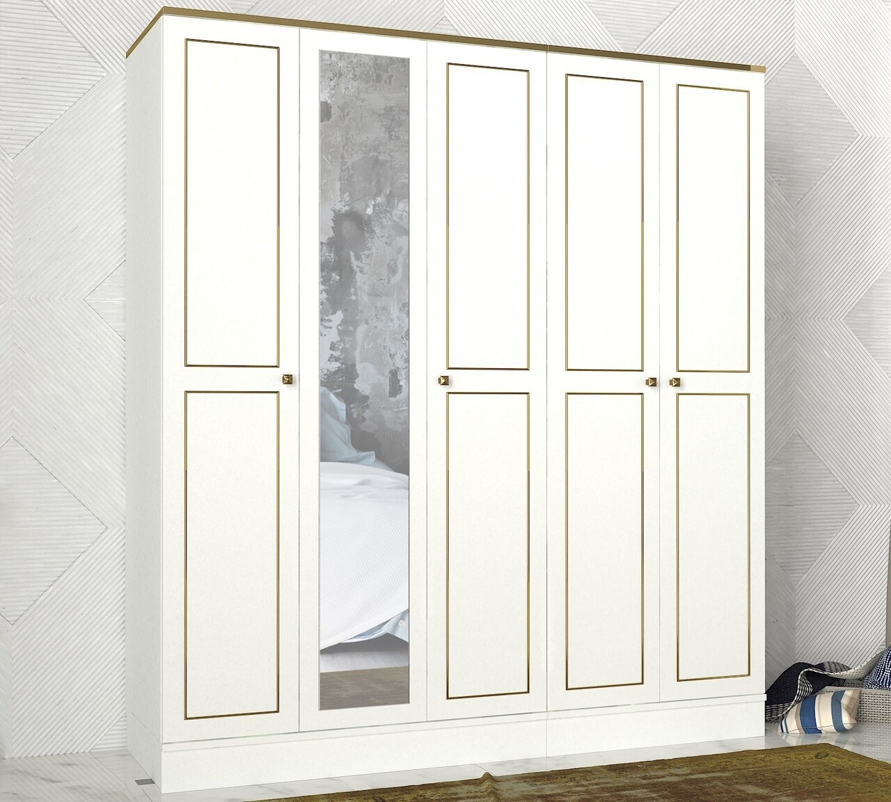 Dulap Pentru Haine Ravenna 5 Kapili White, Talon, 175 X 47.2 X 194 Cm, Alb/auriu