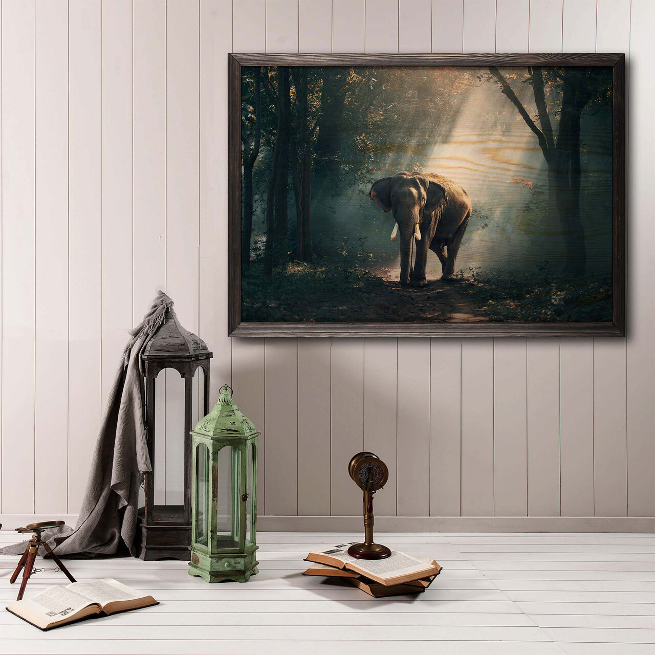 Tablou decorativ, Alone Elephant, Lemn, Lemn, Multicolor