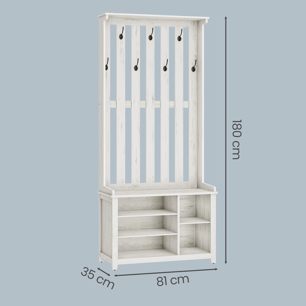 Cuier cu bancheta si pantofar, Country Style, Vasagle, 80x39.5x178.6 cm, MDF/PAL, alb rustic — imaginea 3