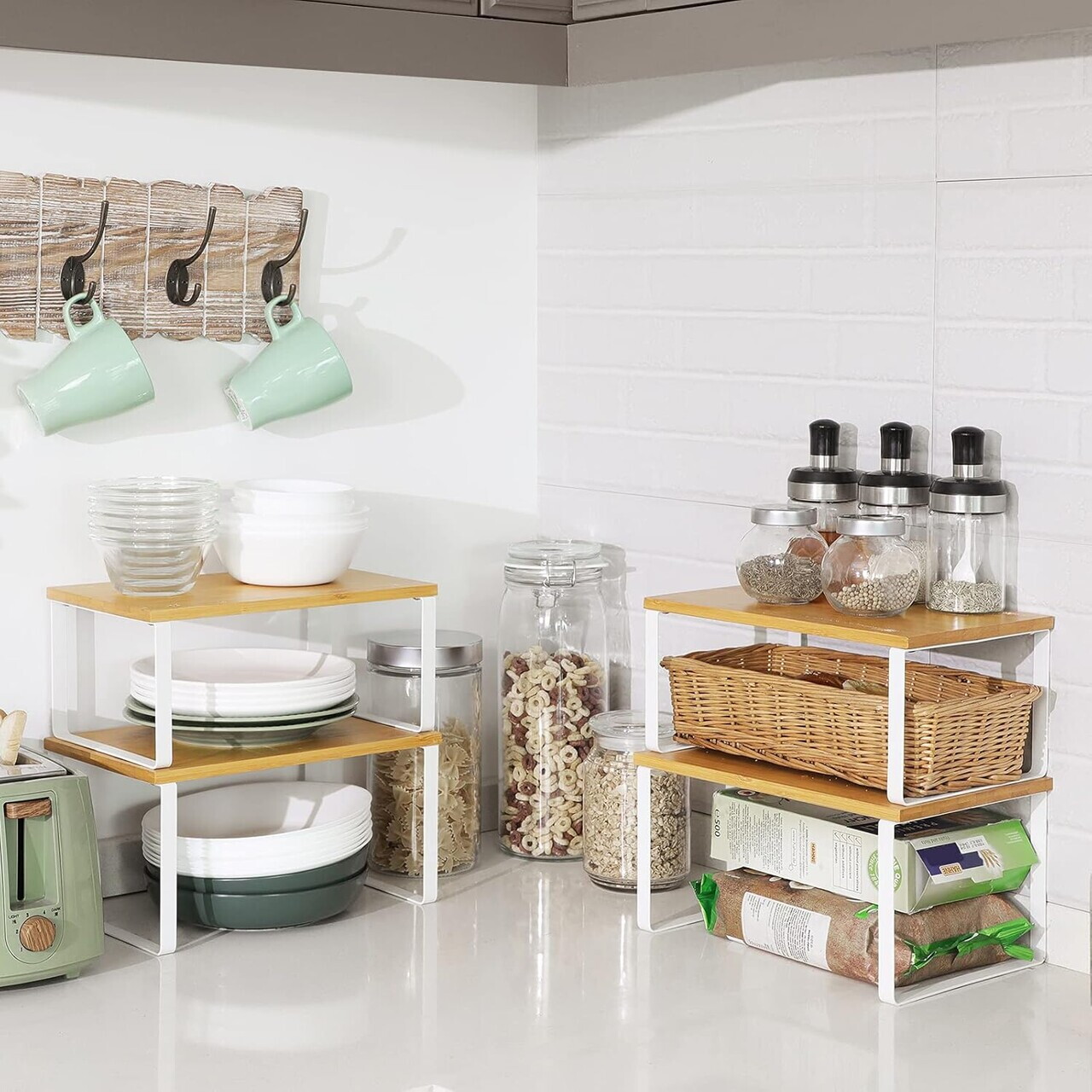 Set 4 organizatoare bucatarie, Songmics, 29.7x19.5x15.5 cm, metal/bambus, alb/natural - imagine 10