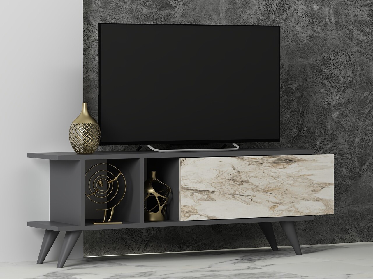 Comoda TV, Odessa, Liberty, 120x30x45 cm, PAL, Antracit / Marmură - 1 | YEO