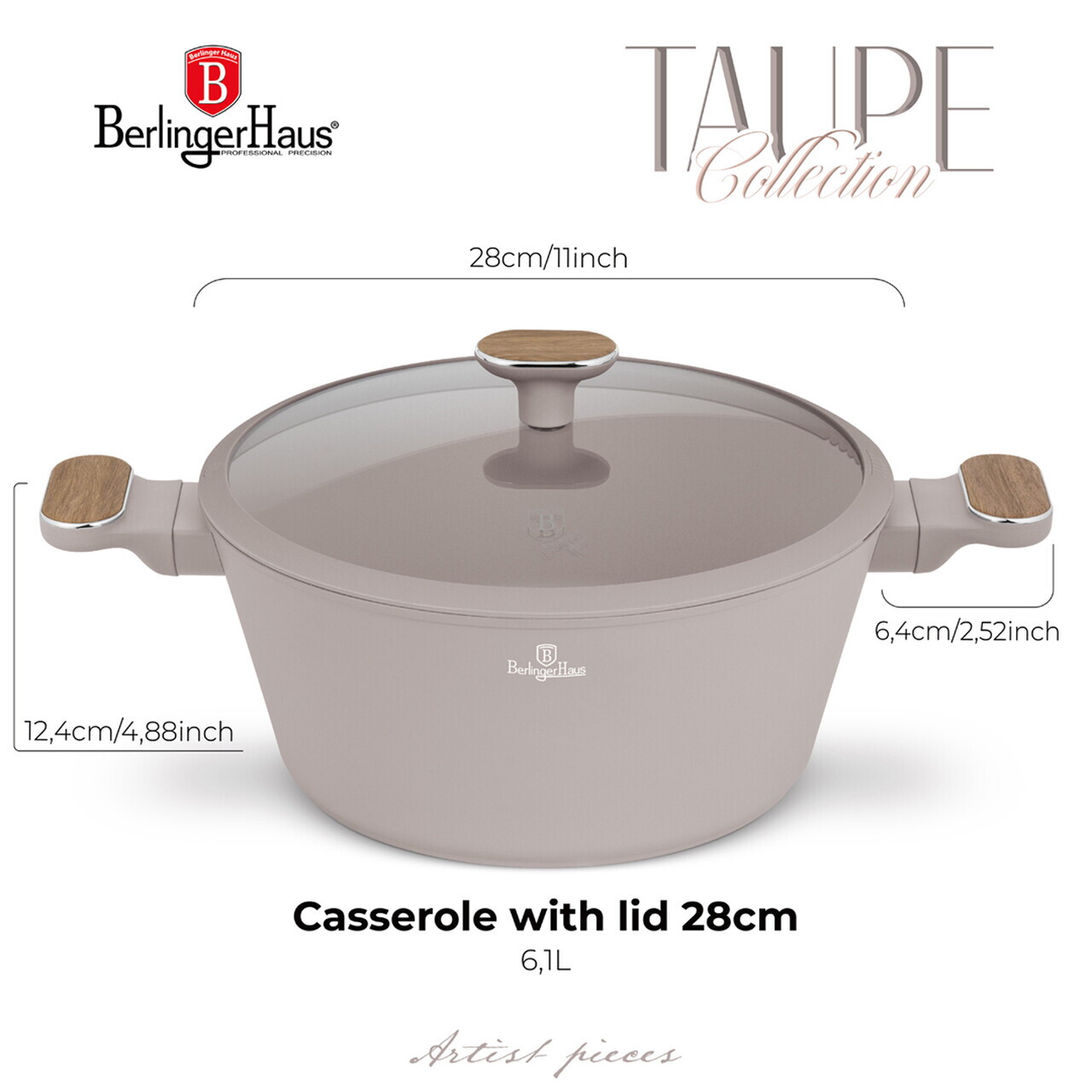 Oala cu capac Berlinger Haus, Taupe Nordic, 28 cm, 6.3 L, aluminiu forjat, taupe mat/natur - imagine 9