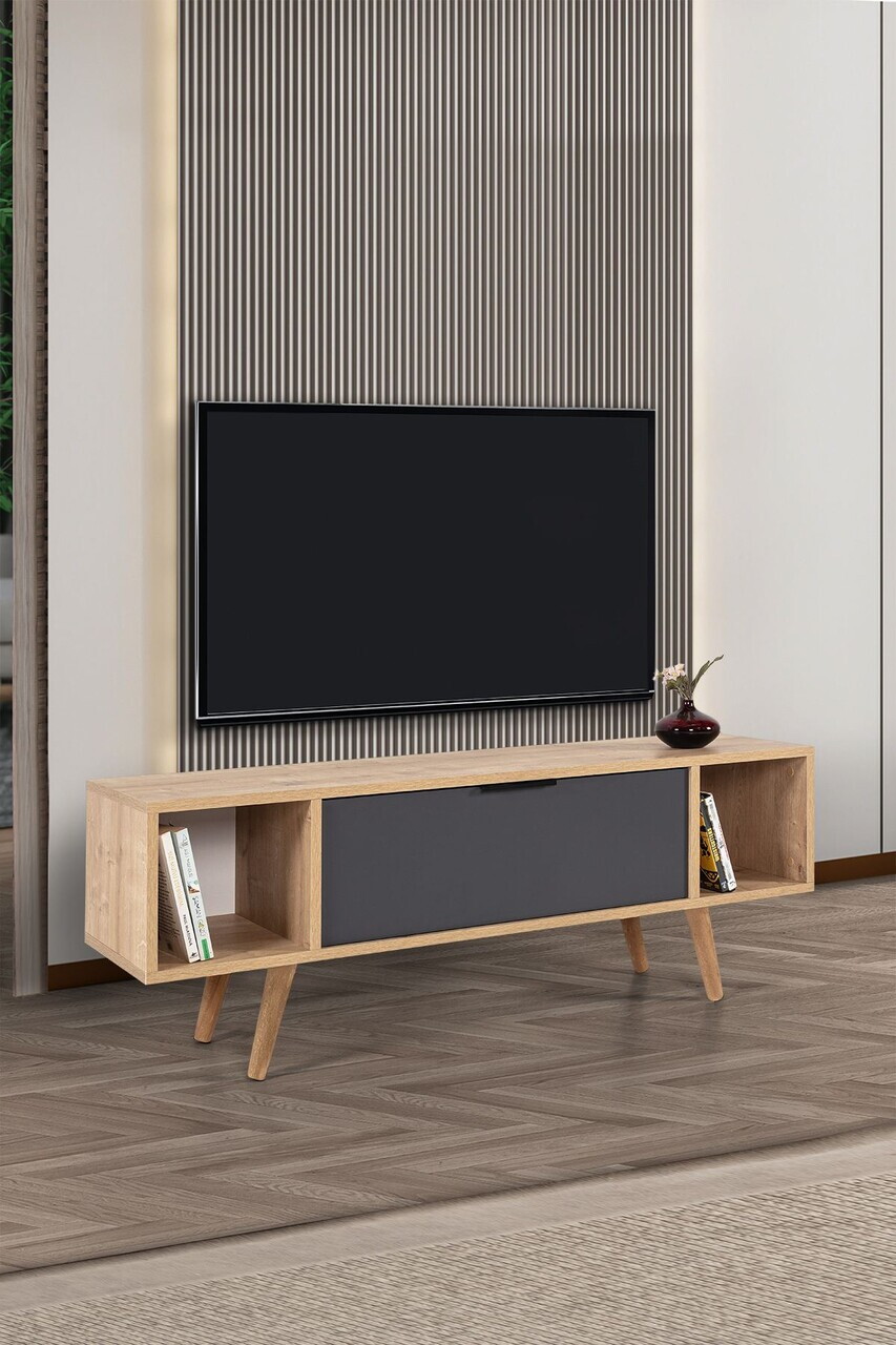 Comoda TV, Hanah Home, Mesir 3324, 130x47x35 cm, PAL, Stejar safir / Antracit — imaginea 3