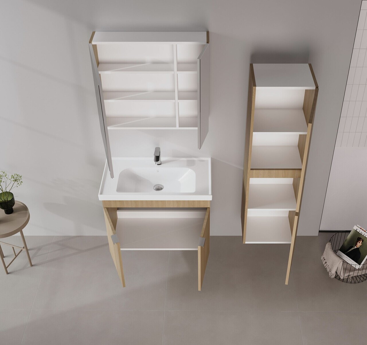 Set Dulap de Baie cu Chiuvetă și Oglindă (2 Piese), Hanah Home, Desna 80, Stejar — imaginea 6