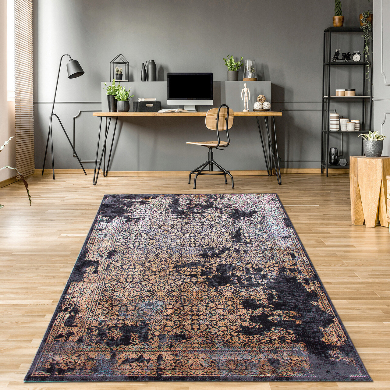 Covor, E1837, 200x290 cm, Poliester, Antracit / Aur