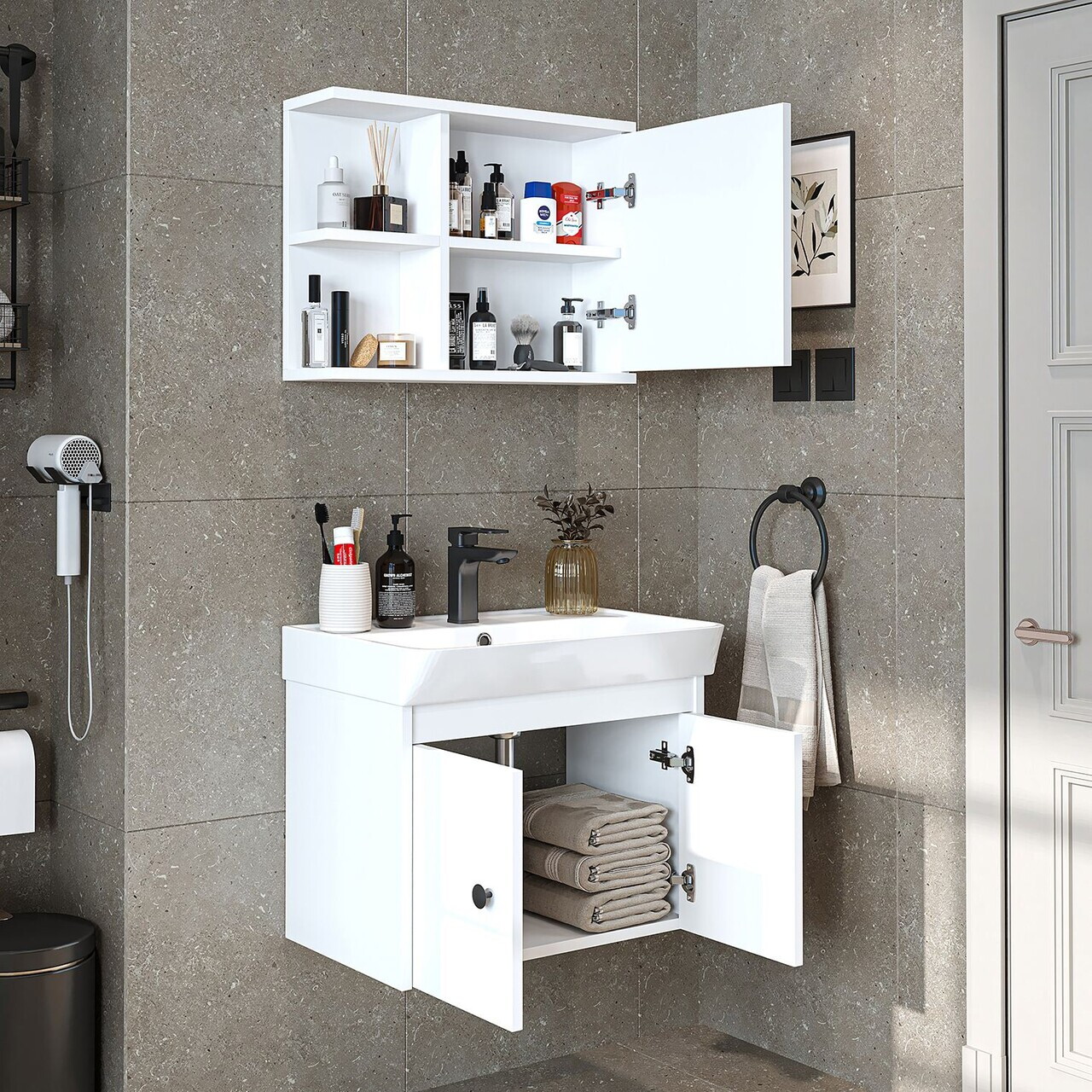 Set Dulap de Baie cu Chiuvetă și Oglindă (2 Piese), Hanah Home, 2677, PAL MELAMINAT, Alb — imaginea 4