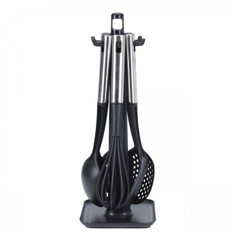 Set 6 ustensile de bucatarie cu suport Black, 42 x 32 x 47 cm, inox/plastic, negru/argintiu