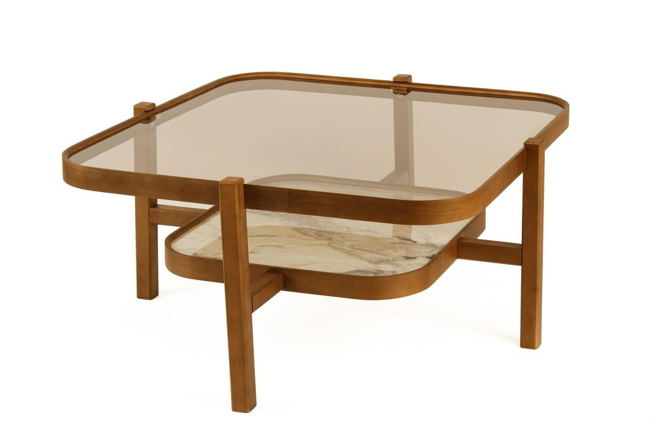 Masuta de cafea, Hanah Home, Olimpus 90, 90x48x90 cm, LEMN MASIV DE FAG, Nuc / Marmură Albă — imaginea 3