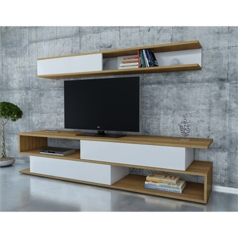 Comoda tv cu raft sims, decorotika, 176x31.5x39 cm, alb/bej