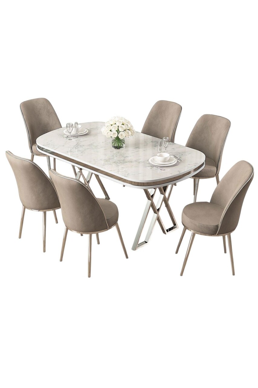 Set masă și scaune (7 piese), Hanah Home, Lai, Alb / Crom / Cappuccino - imagine 2